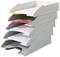 A stack of grey filing trays with coloured edges, each filled with paper of a different colour, arranged from top to bottom.