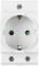White earthed socket with two green socket holes and a central earth contact, suitable for connection with European plug.
