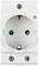 White socket with two screws at the top, green dot to the right and CE marking in the centre.