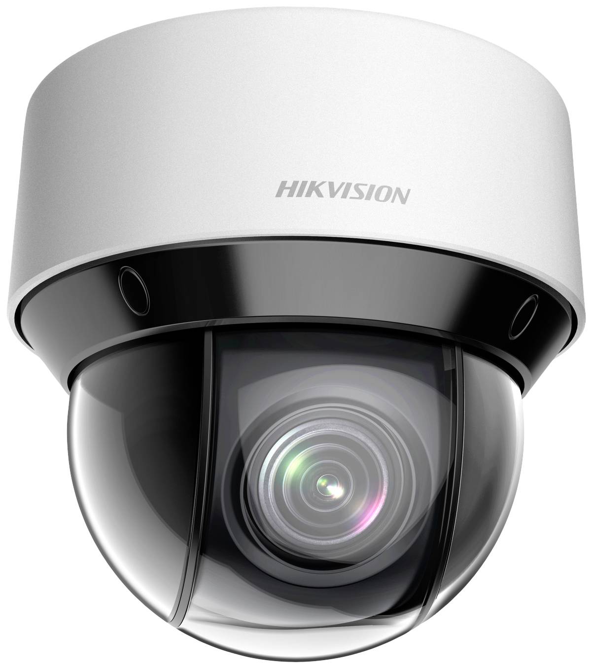A surveillance camera with a black and silver casing, marked with 'Hikvision'. It shows a luminous camera lens.