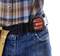 A man in a checked shirt and jeans is wearing a tape measure on his belt. The tape measure has a range of 40 m/135 ft.