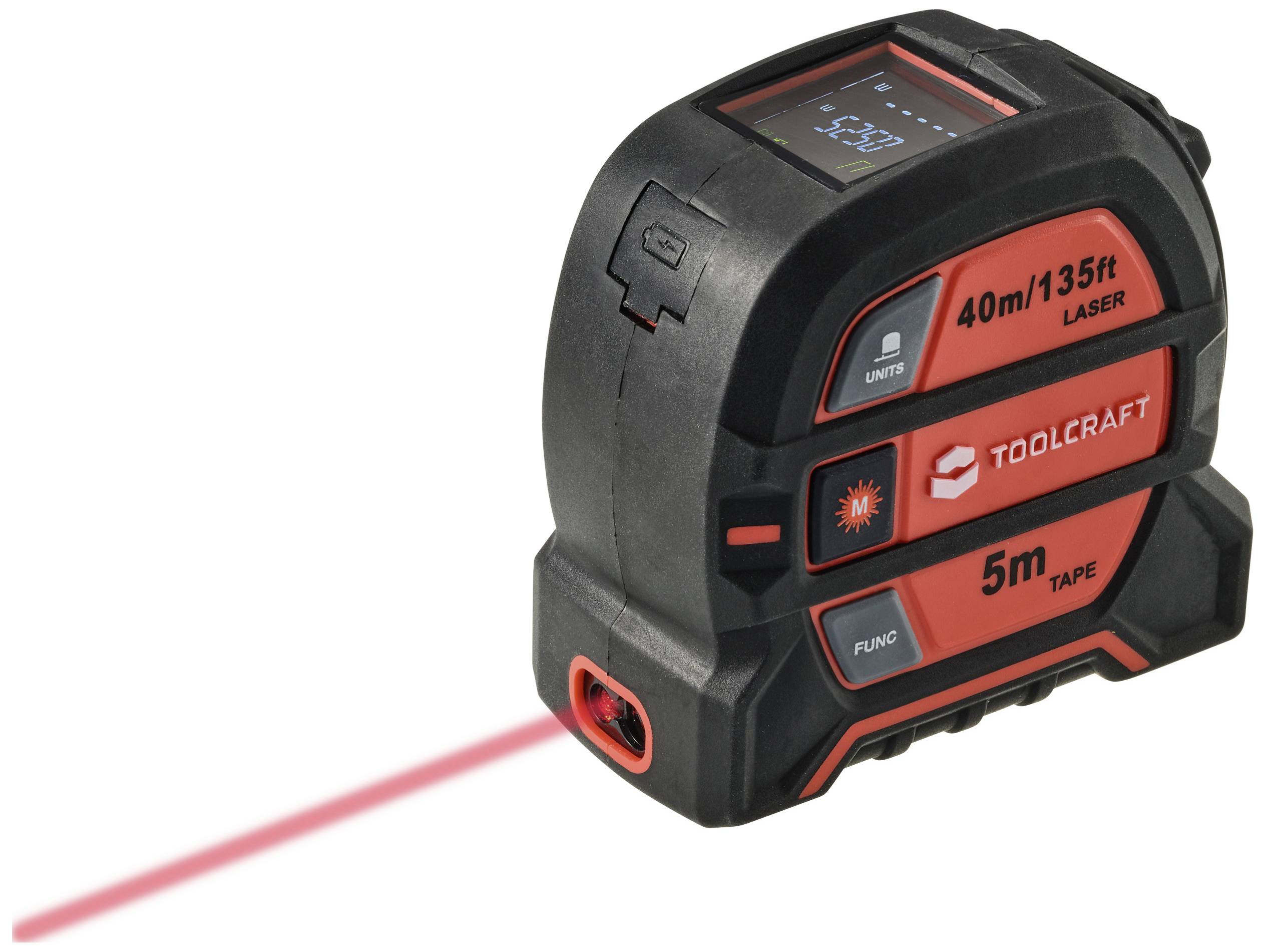 A digital laser measuring device with a red laser beam, capable of measuring distances up to 40 metres.