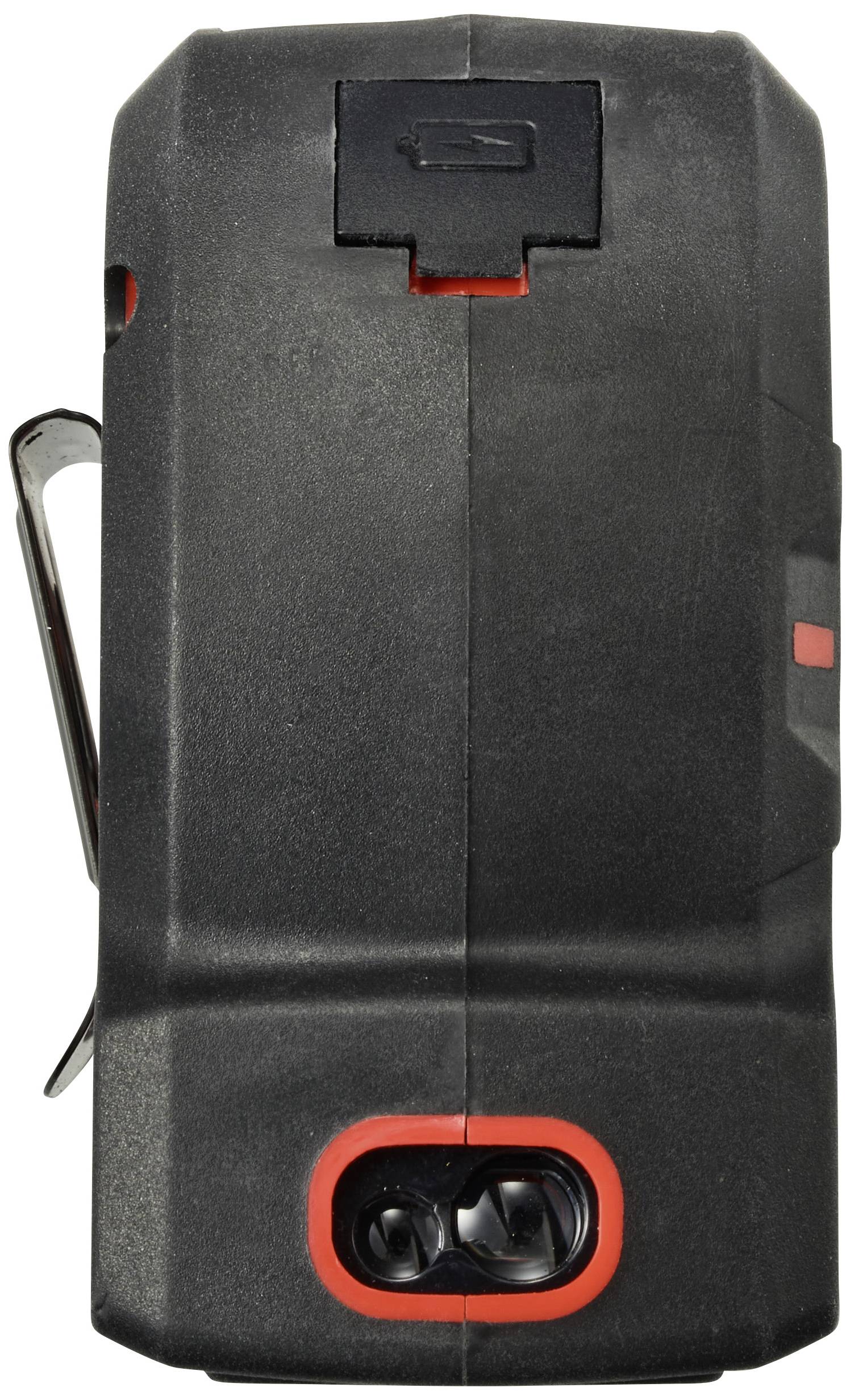 Black, rectangular, portable electronic device with metal clip and red accent; possibly an electronic tool.
