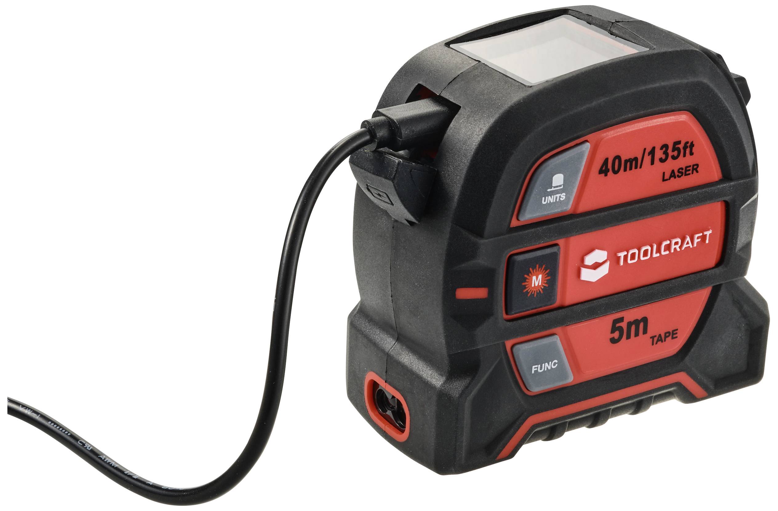 Laser distance meter with 40m/135ft range and integrated 5m tape measure, black and red colour, brand 'Toolcraft'.