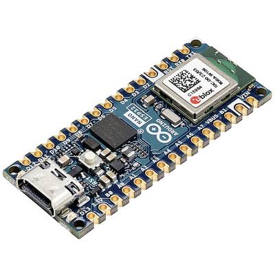 Small electronic circuit board with microcontroller, USB port and multiple pins for prototyping and project development.