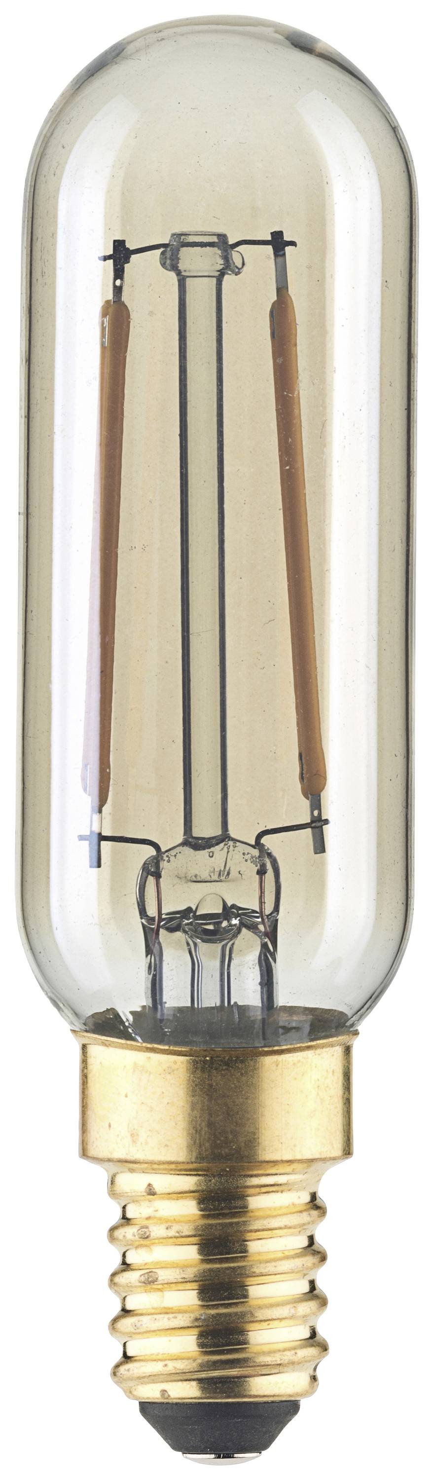 A clear light bulb with a visible wire filament and gold-coloured socket against a white background.