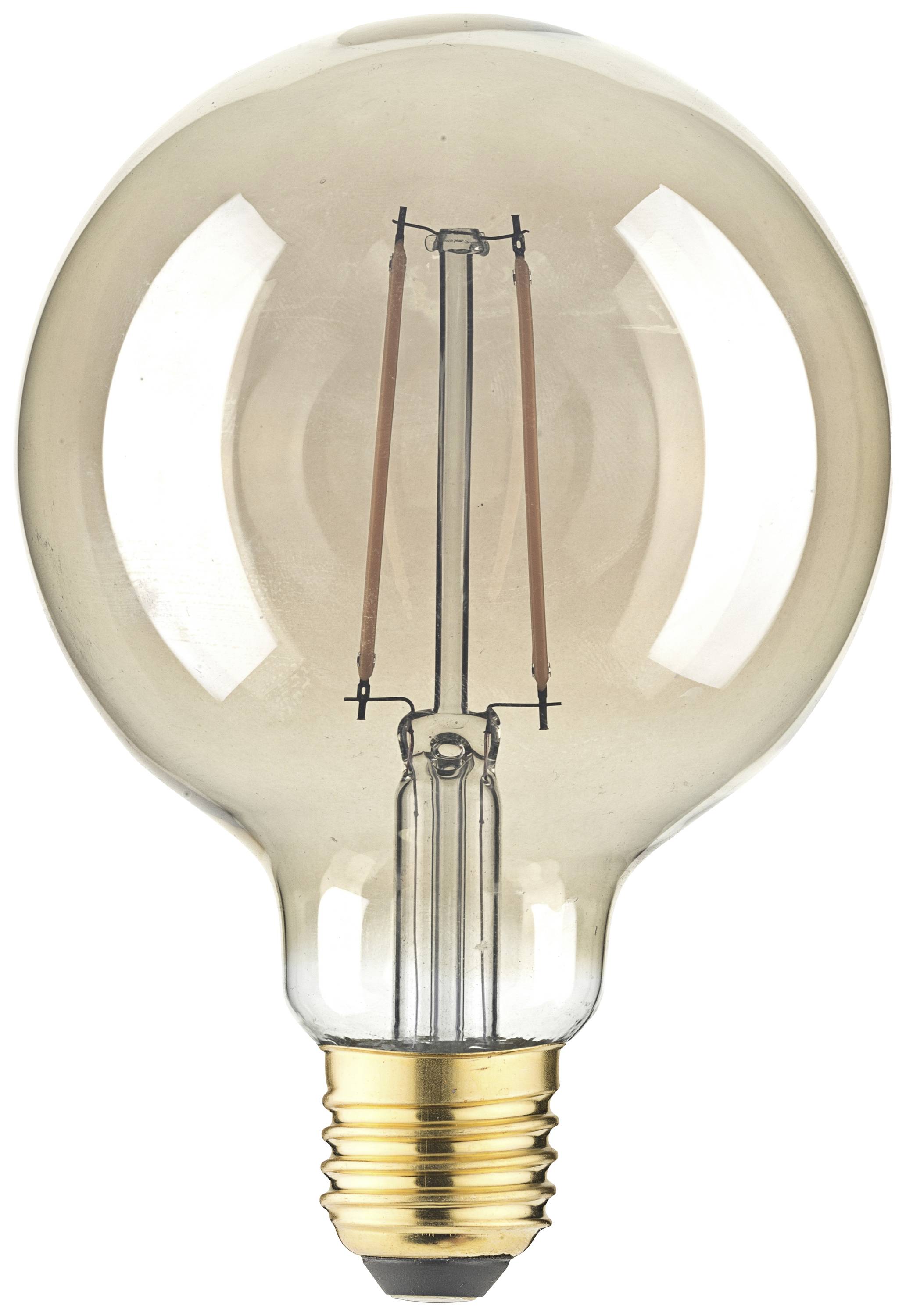 Light bulb with visible filament, clear glass envelope and gold-coloured base.