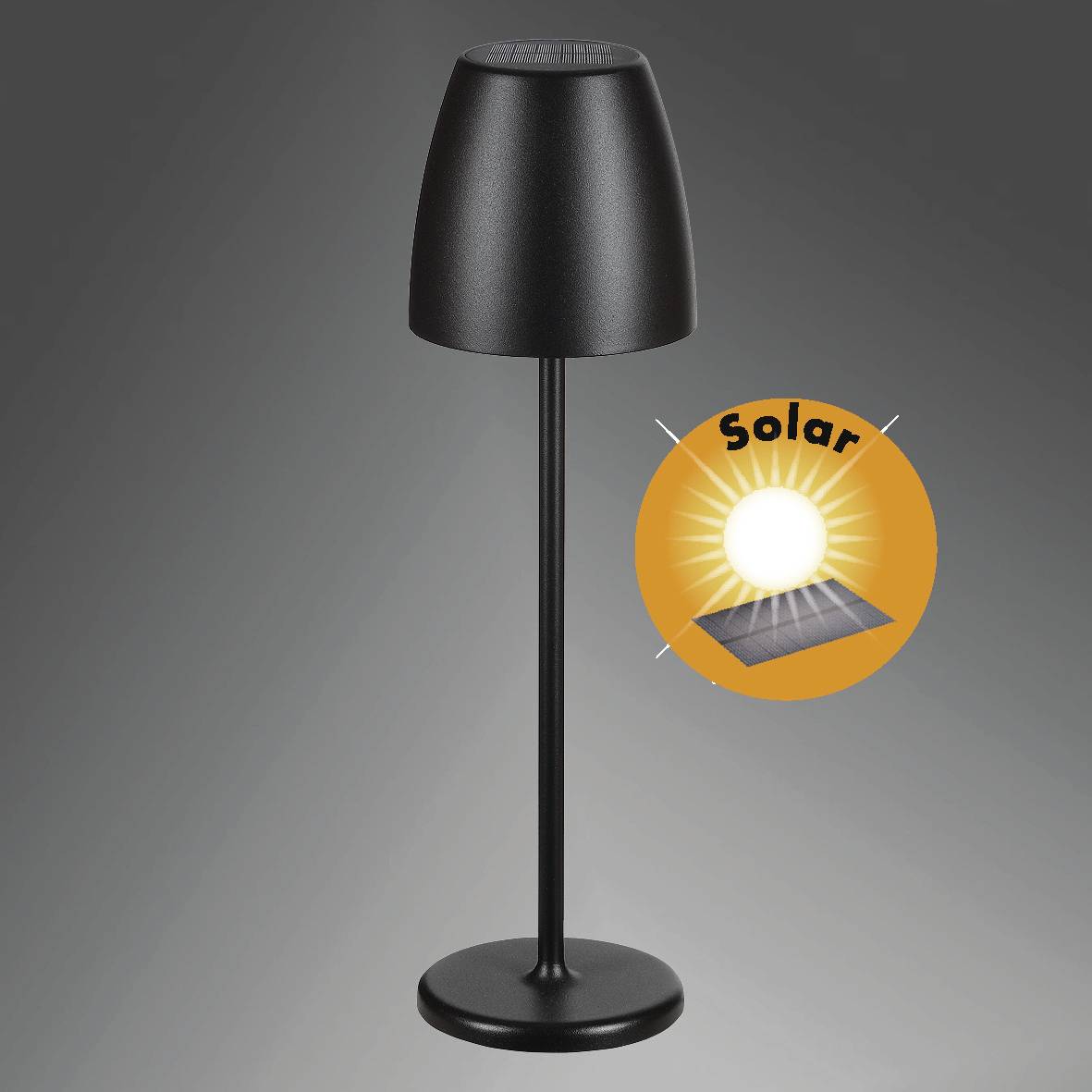 Black table lamp with a solar panel badge indicating eco-friendly solar technology.