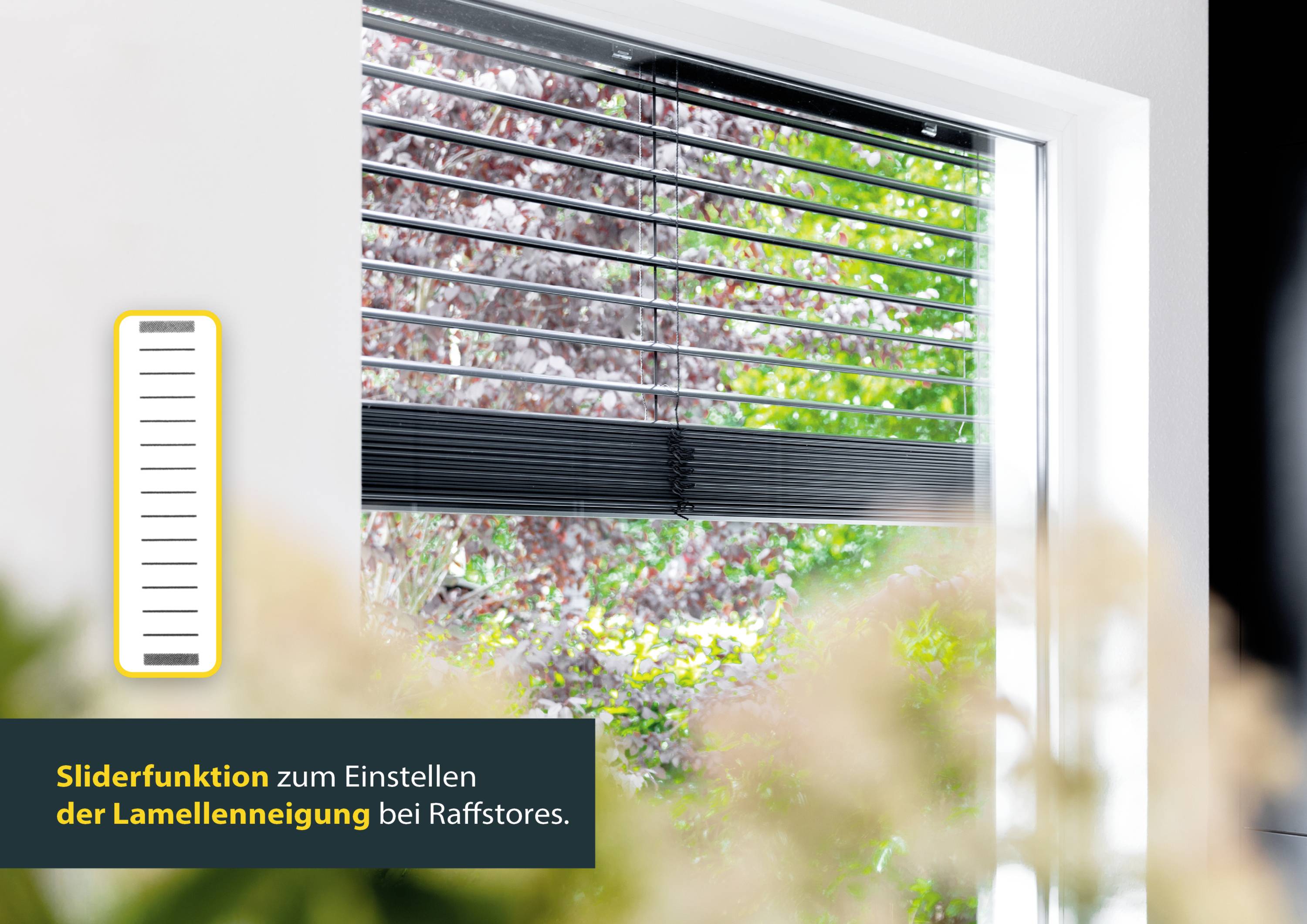 An open window with venetian blinds, surrounded by plants. On the left, a slider to adjust the slat angle.