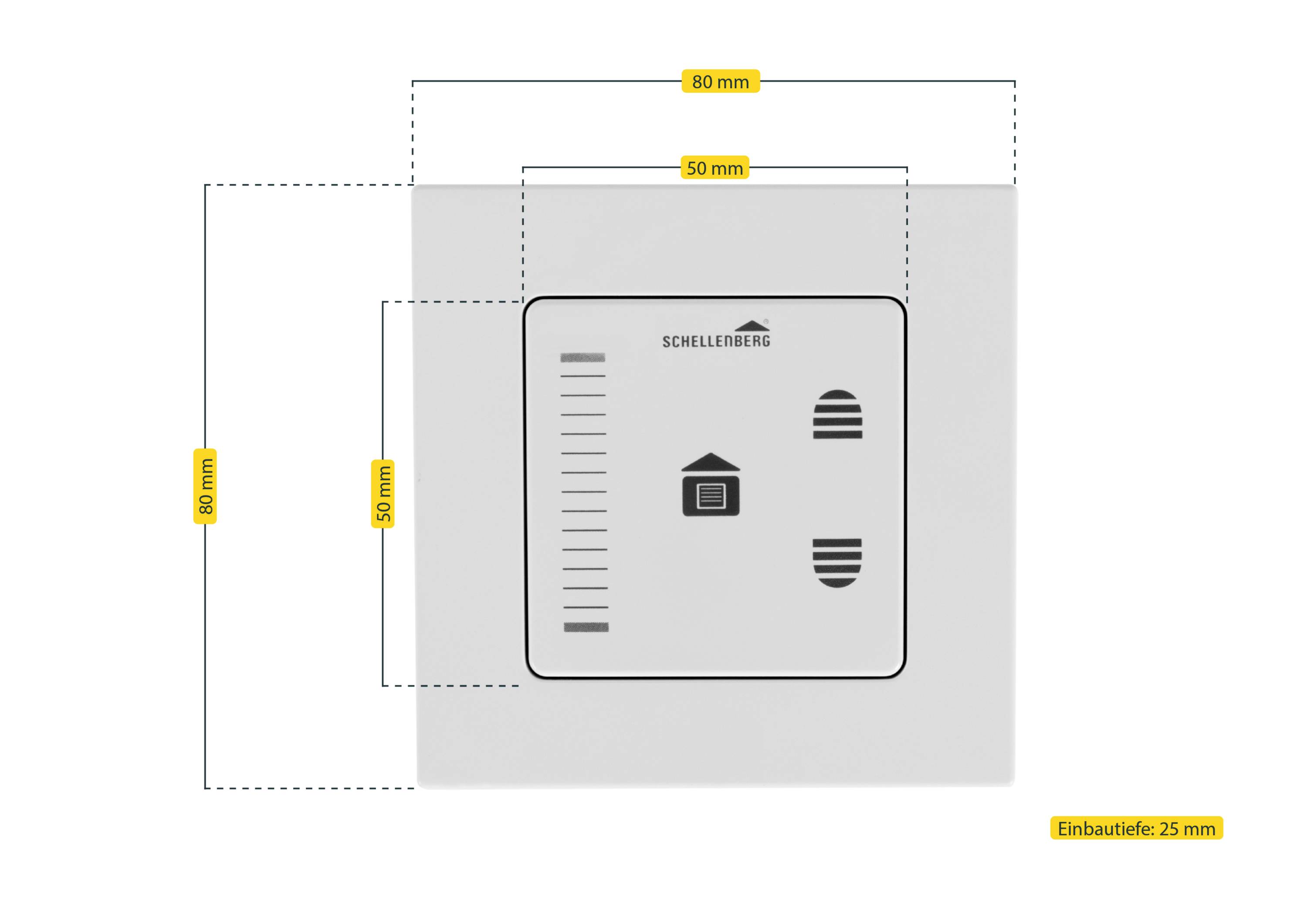 A square wall switch measuring 80 mm x 80 mm x 25 mm. Symbols indicate three functions: up, down, stop.