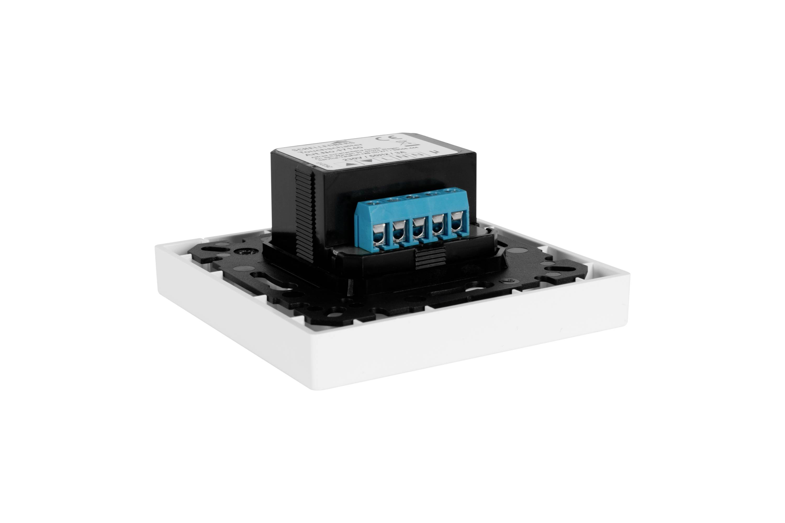 An electrical component mounted in a white frame. It has a black enclosure and blue connection terminals.