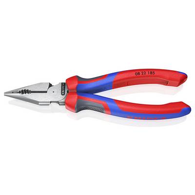 A pair of red and blue Knipex needle-nose pliers shown on a white background, with long pointed jaws and textured grips.