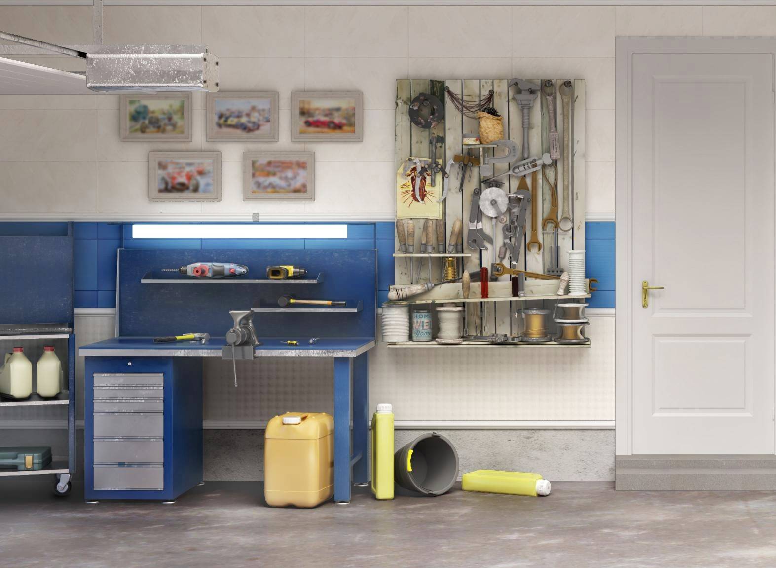 Workshop with tools on the wall, a blue workbench and shelving. Yellow jerry can and paint tins on the floor.