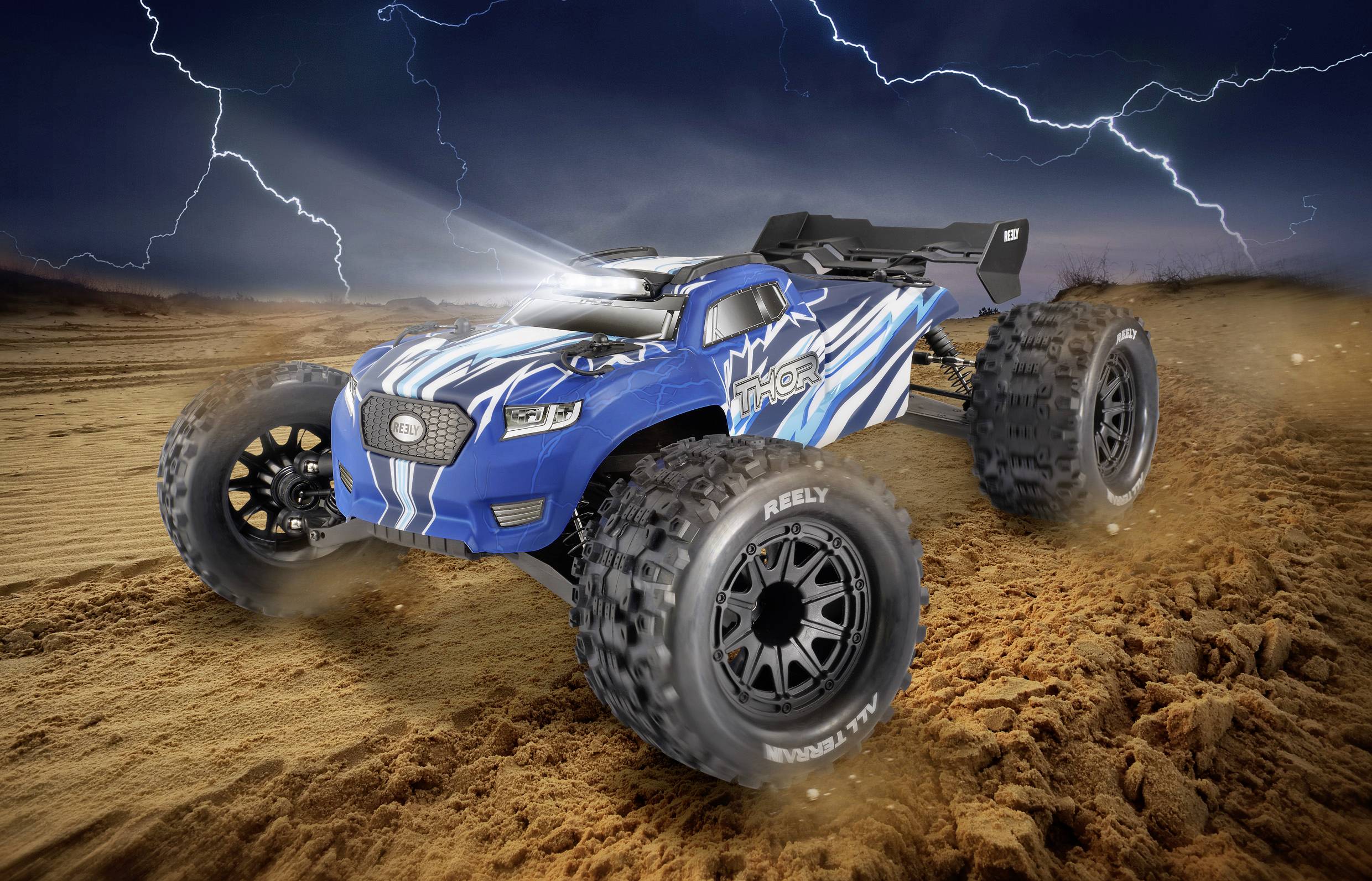 A blue toy truck dynamically drives through a desert landscape with lightning and a dark sky, suggesting tension and adventure.