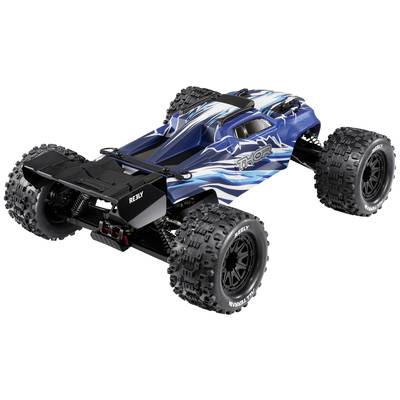 A remote-controlled blue and black car with robust off-road tyres, designed for off-road racing.