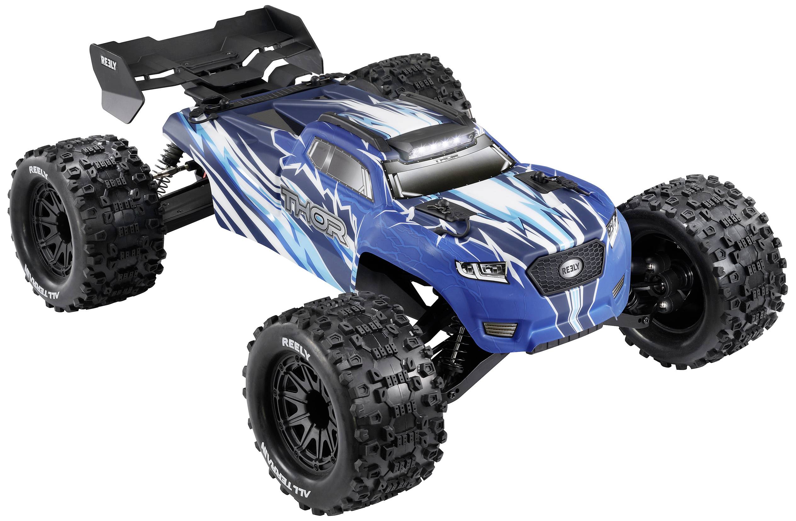 Blue remote-controlled car with large, chunky tyres on a white background. Sporty design with blue and white stripes.