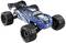 Blue remote-controlled car with large, chunky tyres on a white background. Sporty design with blue and white stripes.