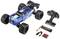 Blue remote-controlled car with large tyres, remote control, rechargeable battery, charger, and batteries. Ideal for outdoor racing.