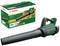 Bosch Cordless Leaf Blower, Model 36V/750. Black and green colour tones with red Bosch logo. Packaged in a colourful cardboard box.