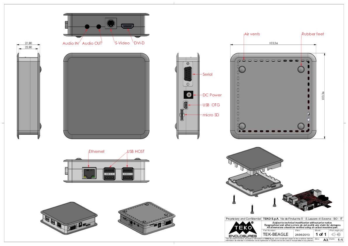 Housing drawing for TEKO-BEAGLE: shows front, rear and side views with dimensions and connections such as USB, Ethernet and audio.
