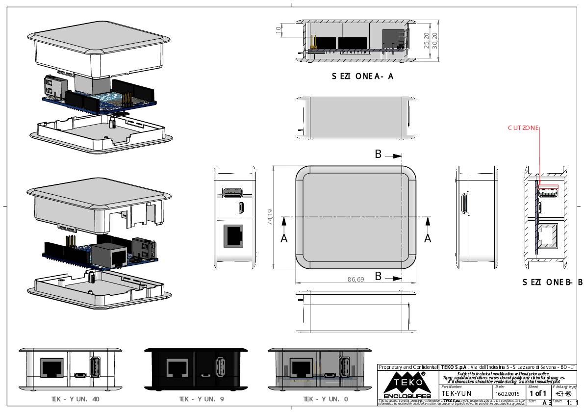 Technical drawing of a rectangular enclosure with slots and openings, top view and cross-sectional views with dimensional specifications.