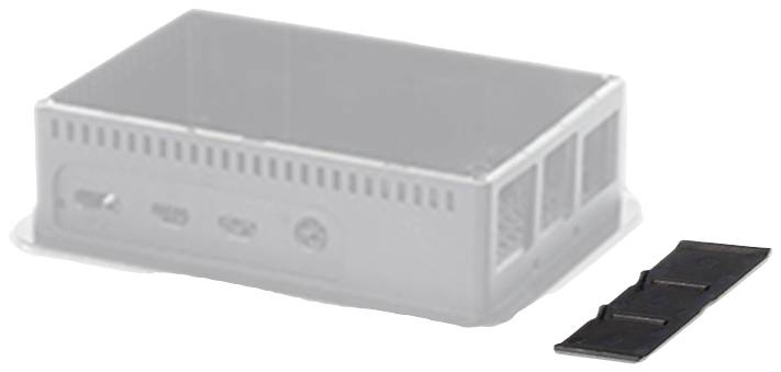 Transparent plastic box and a small black plastic strip beside it, contextless on a white background.