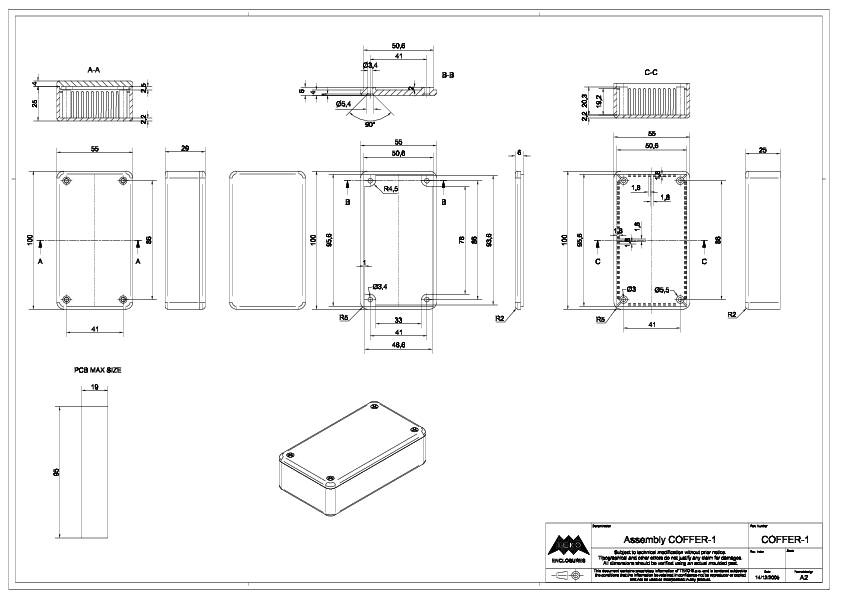 Technical drawing of a housing called 'Assembly COFFER 1' with detailed views, dimensions, drill holes, and view designations.