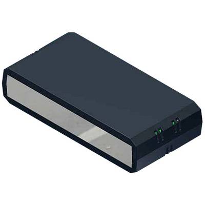 A black, rectangular device with two green lights on one side, possibly an electronic charger or an adaptor.
