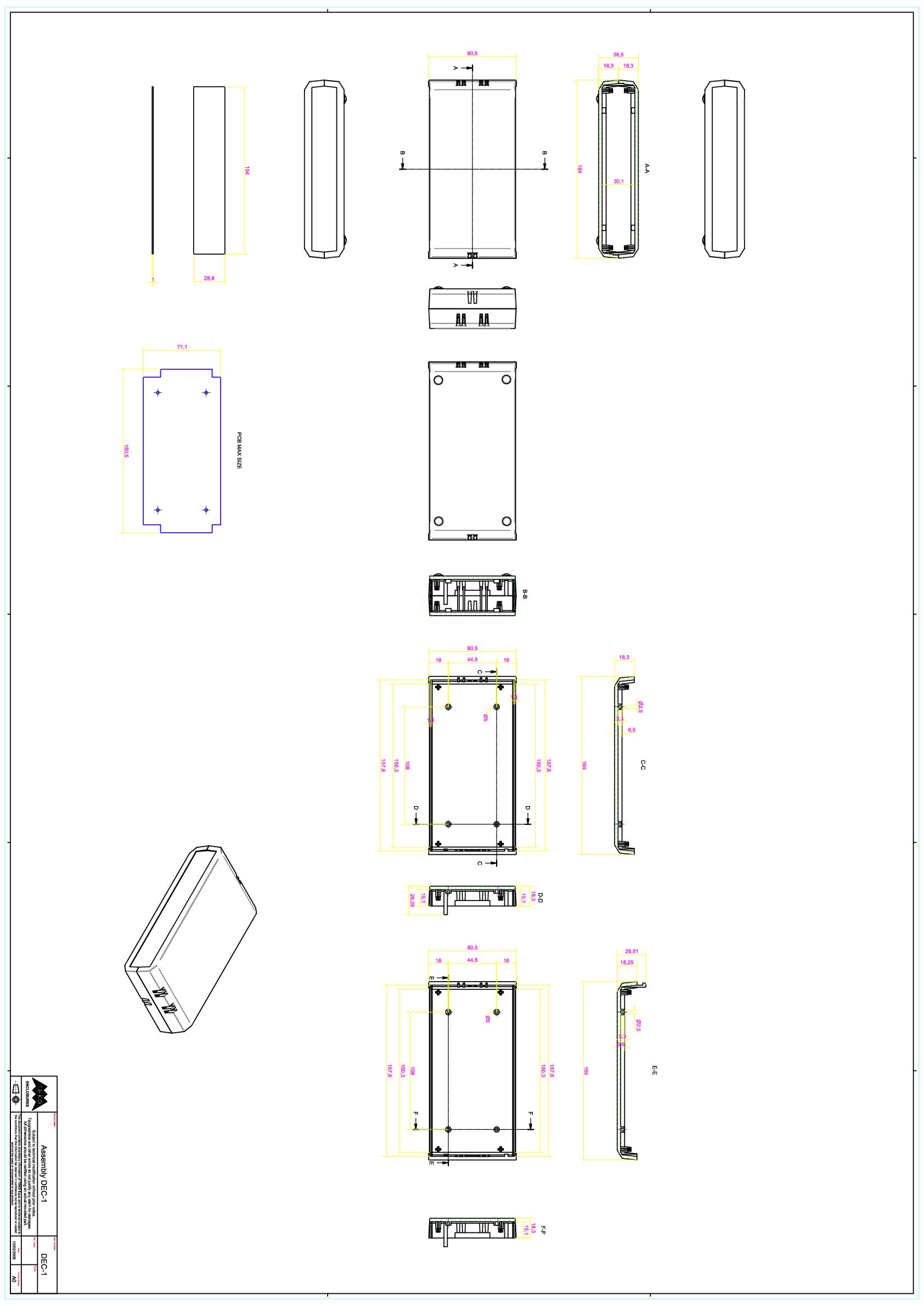 Technical drawing of a rectangular enclosure with various views and dimensions in millimetres. Shows front, side, and top view.