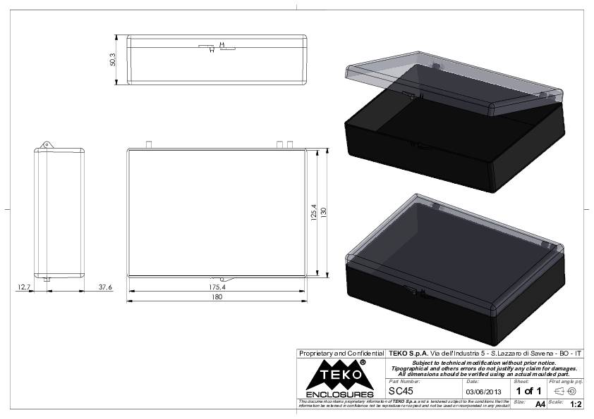 'Technical drawing of a black plastic box with a removable lid, shown from various perspectives, including dimensions.'