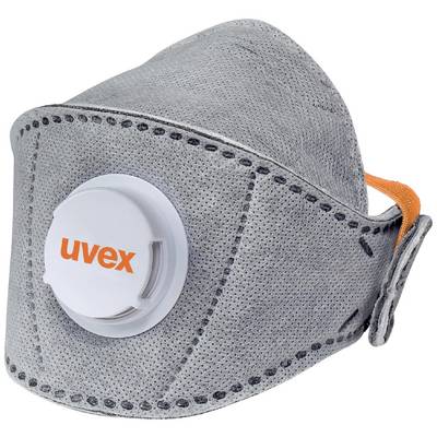 Respiratory mask with valve and 'uvex' logo, grey, ergonomically shaped, provides protection against dust and particles.
