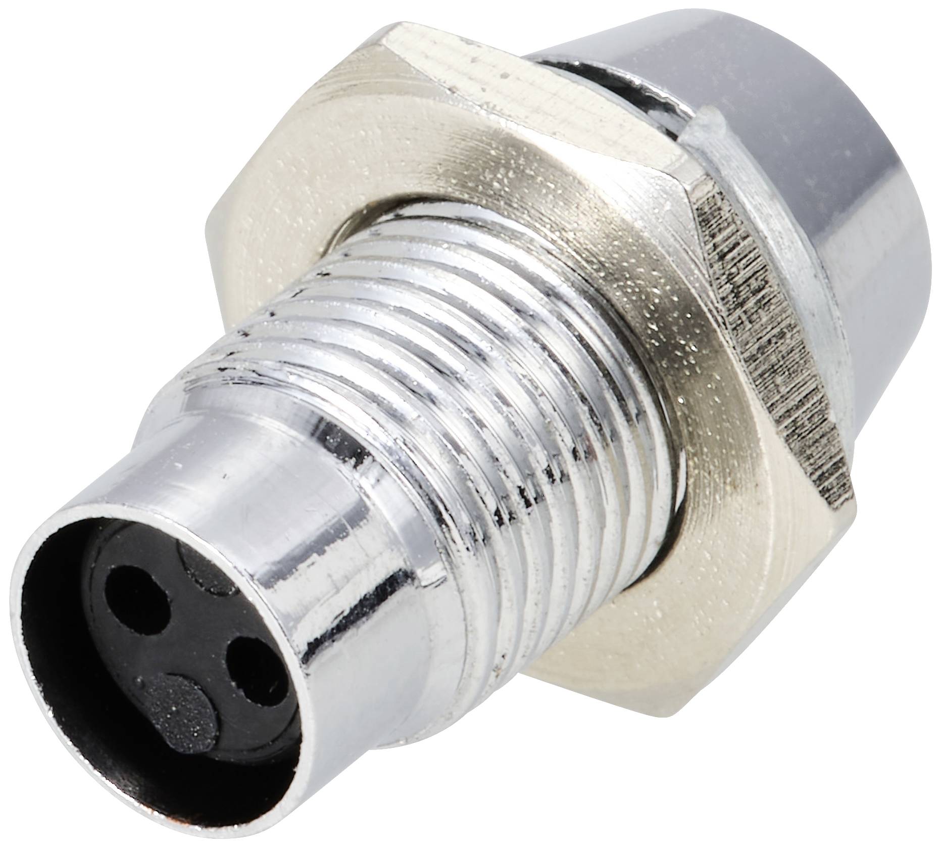 Metal plug with three holes and threading, likely for a cable connection in electrical or electronic devices.