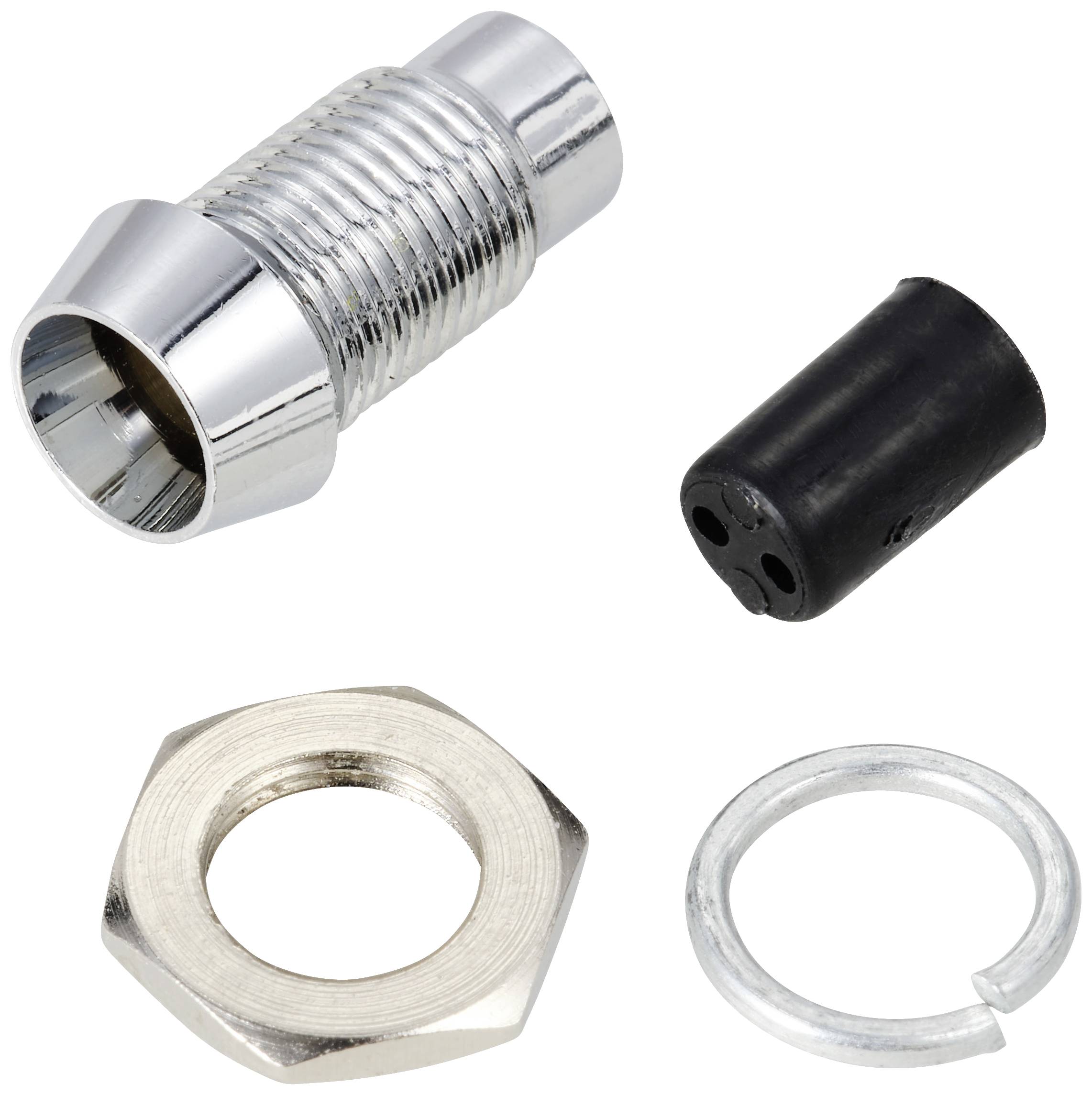 Four metal and plastic components of a cable connection, including threaded sleeve, black cap insert, hexagonal nut and ring.