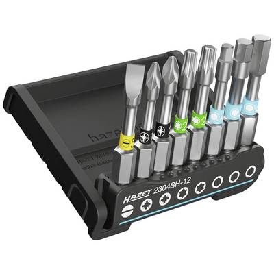 Set of various screwdriver bits in a holder. Includes Phillips, flathead, and Torx bits. Each bit is colour-coded.