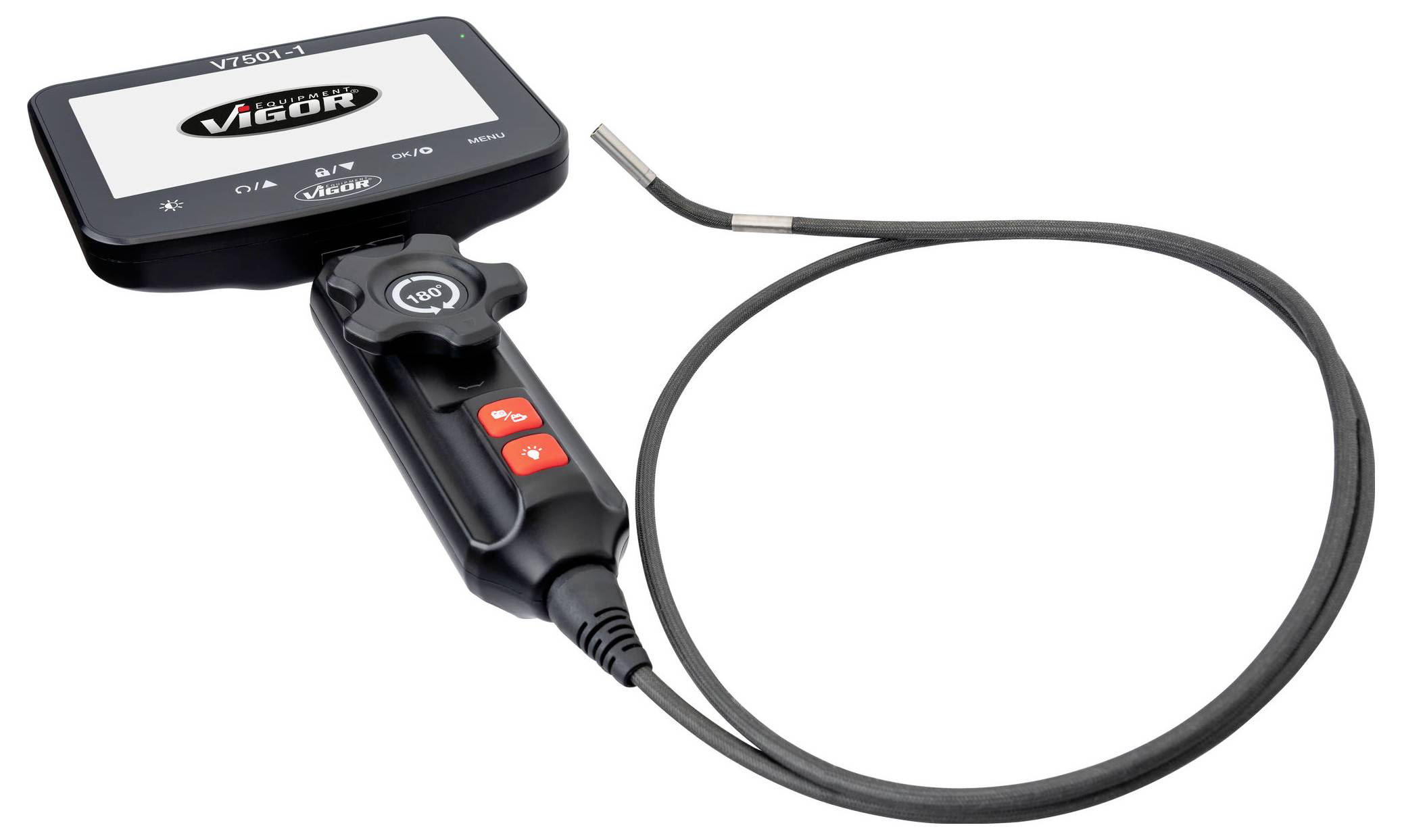 A handheld inspection camera with a flexible cable and a screen showing 'VIGOR' logo. Includes control buttons for navigation.