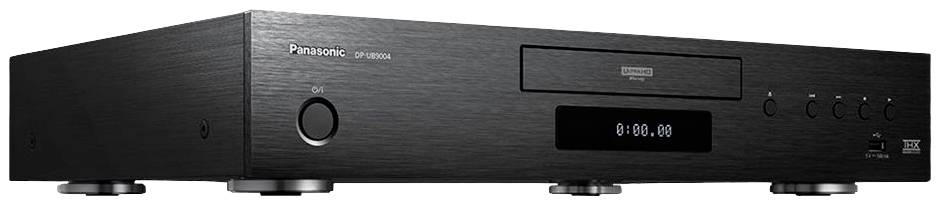 A black Panasonic Blu-ray player with a CD tray, power switch and digital display on the front panel.