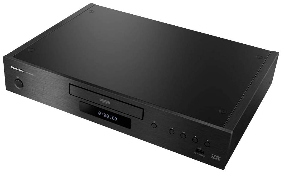 A black Blu-ray player with front controls and USB port. Suitable for home cinema use. Brand name top left.