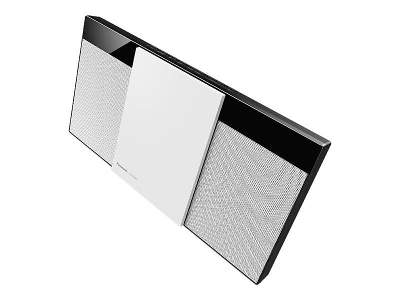 Sleek, modern wall-mounted audio system with silver speakers and black frame, suitable for elegant home entertainment.