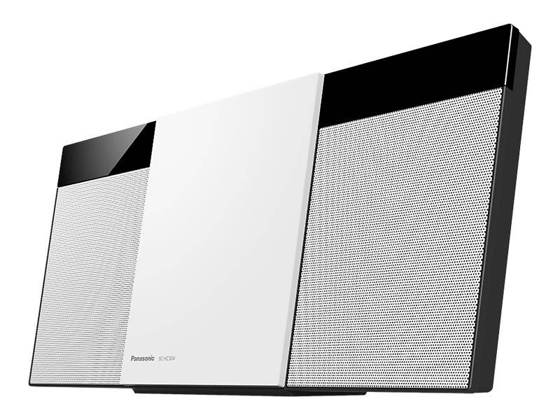 A compact, modern stereo system with a rectangular, slim design. The system features a central white panel and black speakers on both sides.
