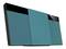 A modern, sleek stereo system with two speakers and a central main unit. The colour is turquoise with black accents.