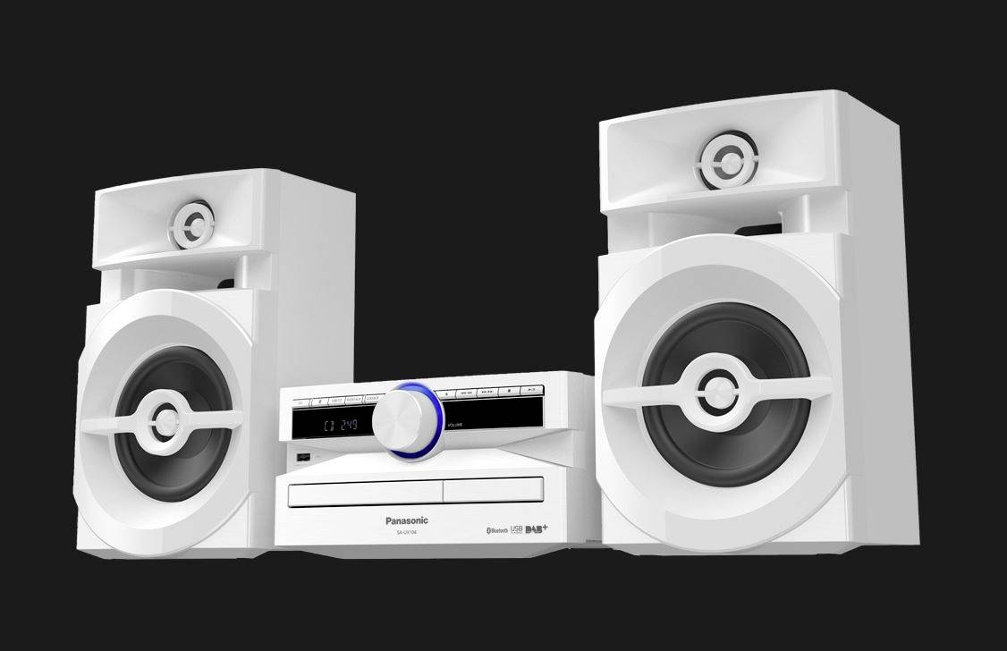 White stereo system with two speakers and a central control unit, set against a black background.