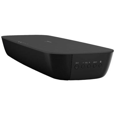 Black soundbar with buttons for power, volume, and input. Modern design, suitable for home cinema or music enjoyment.