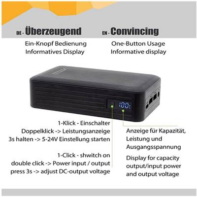 Portable device with digital display, shows battery level. Buttons for power on/off and settings. Labels in German and English.