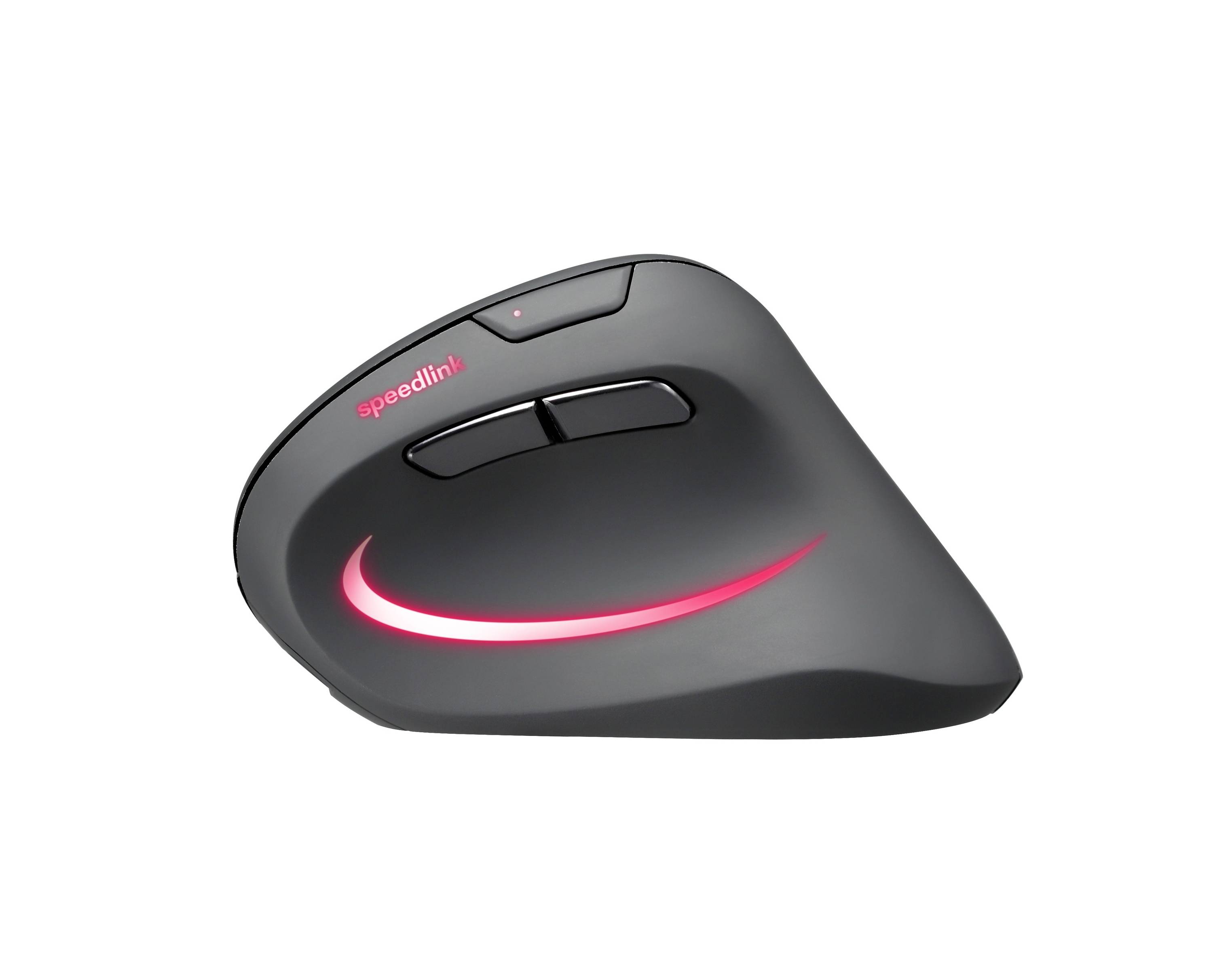 Ergonomic black computer mouse with a red light strip, side buttons and scroll wheel, branded with 'speedlink'.
