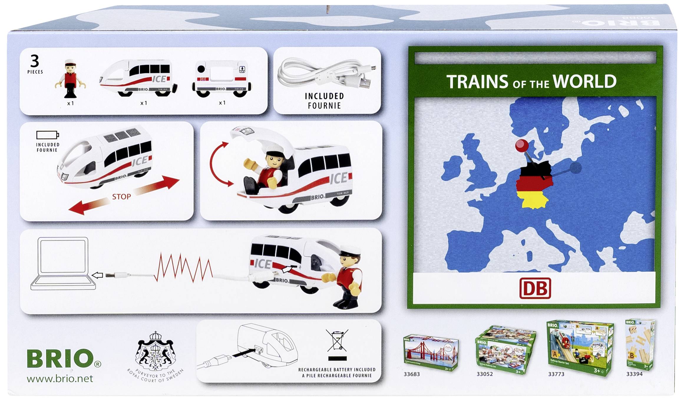 The packaging shows a toy ICE train set with remote control. On the card, a European map with Germany. Marked with 'TRAINS OF THE WORLD'.