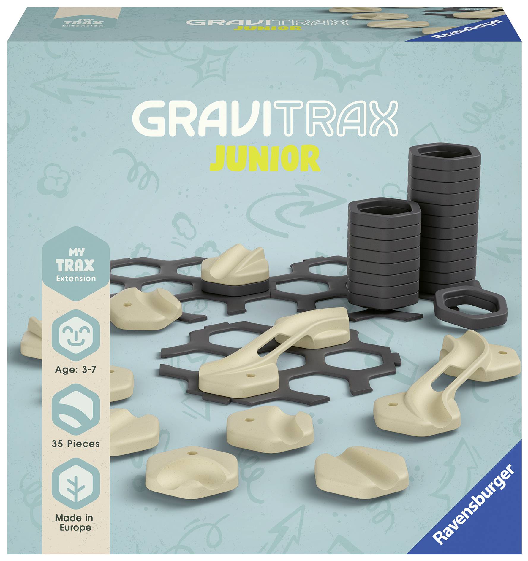 A BLUE toy packaging for 'GraviTrax Junior' displays components of a marble run system designed for children aged 3 to 7 years old.