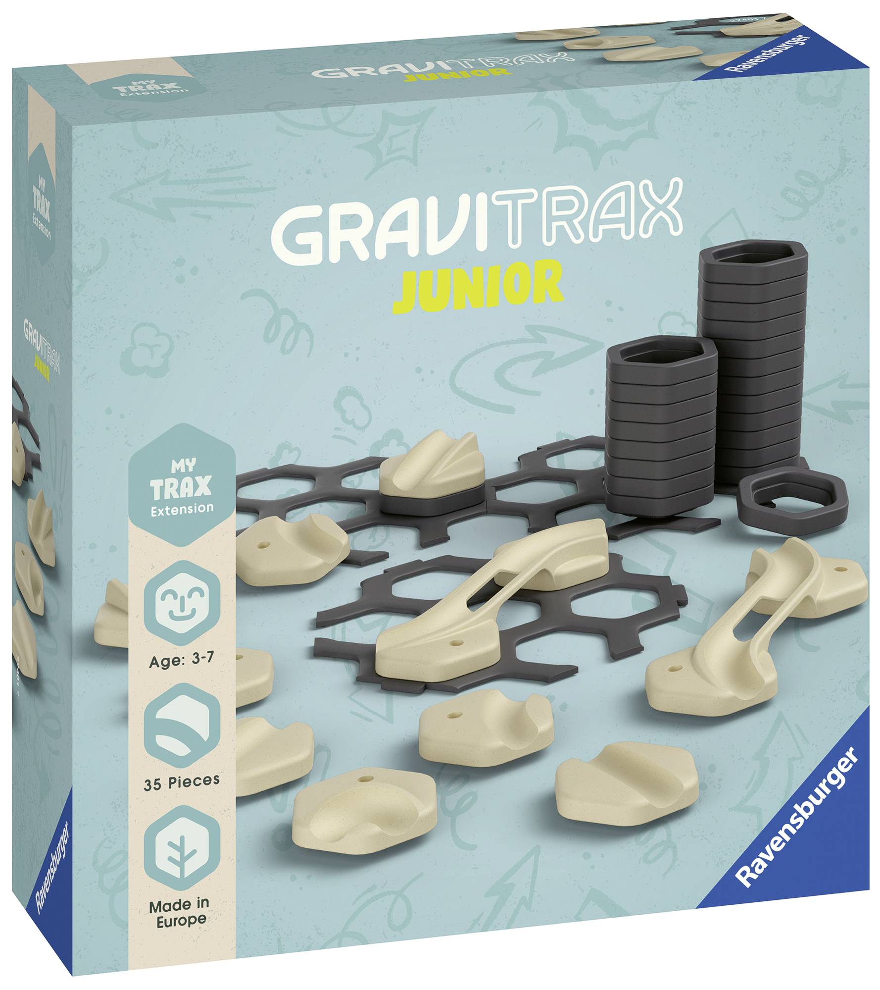 The packaging shows the 'Gravitrax Junior' expansion set by Ravensburger. Contains 35 pieces, suitable for children aged 3-7 years.