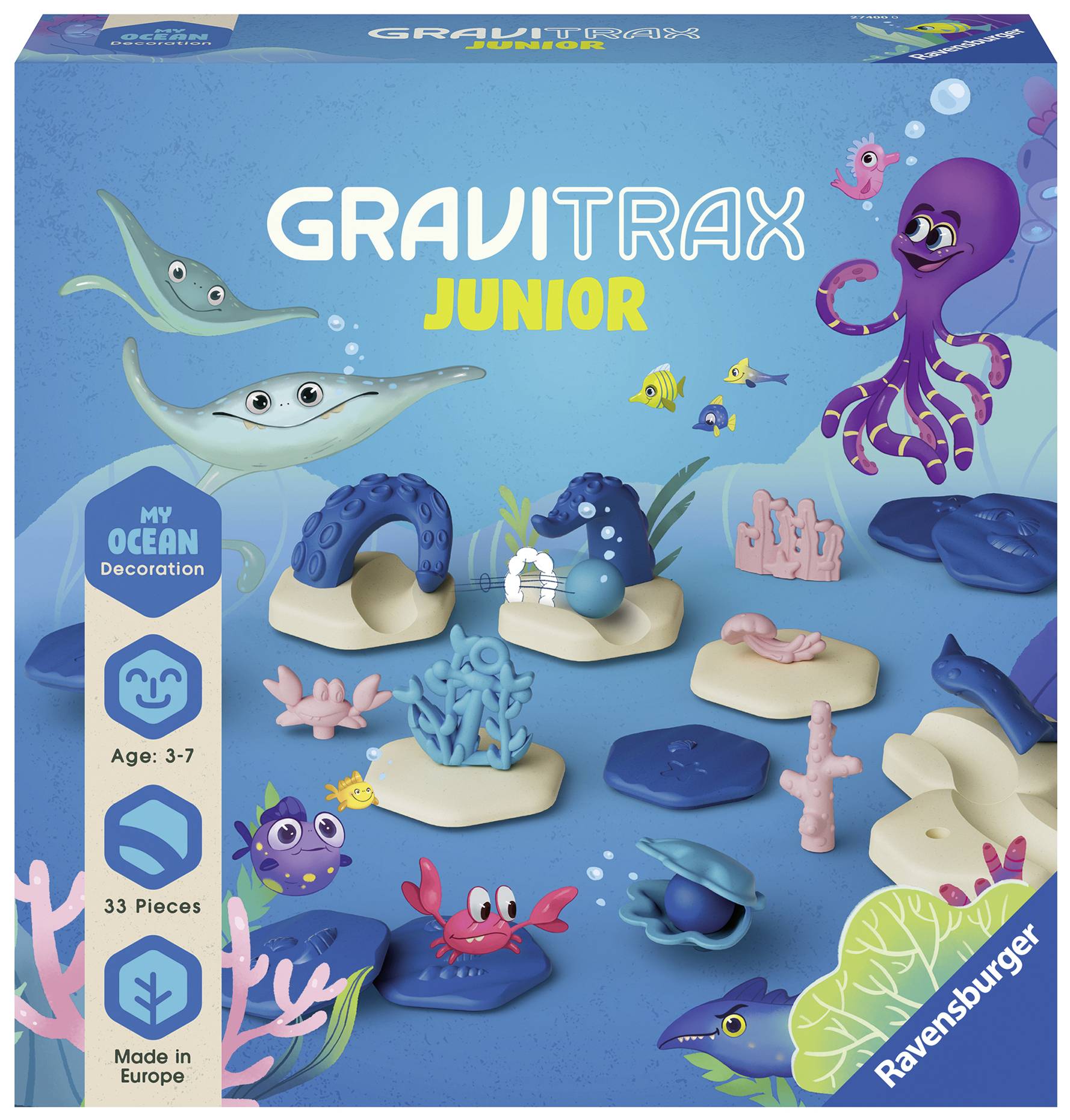 'GraviTrax Junior' Ocean Fun Set by Ravensburger, for children aged 3 and above. Contains 33 pieces with marine motifs such as crabs and coral.