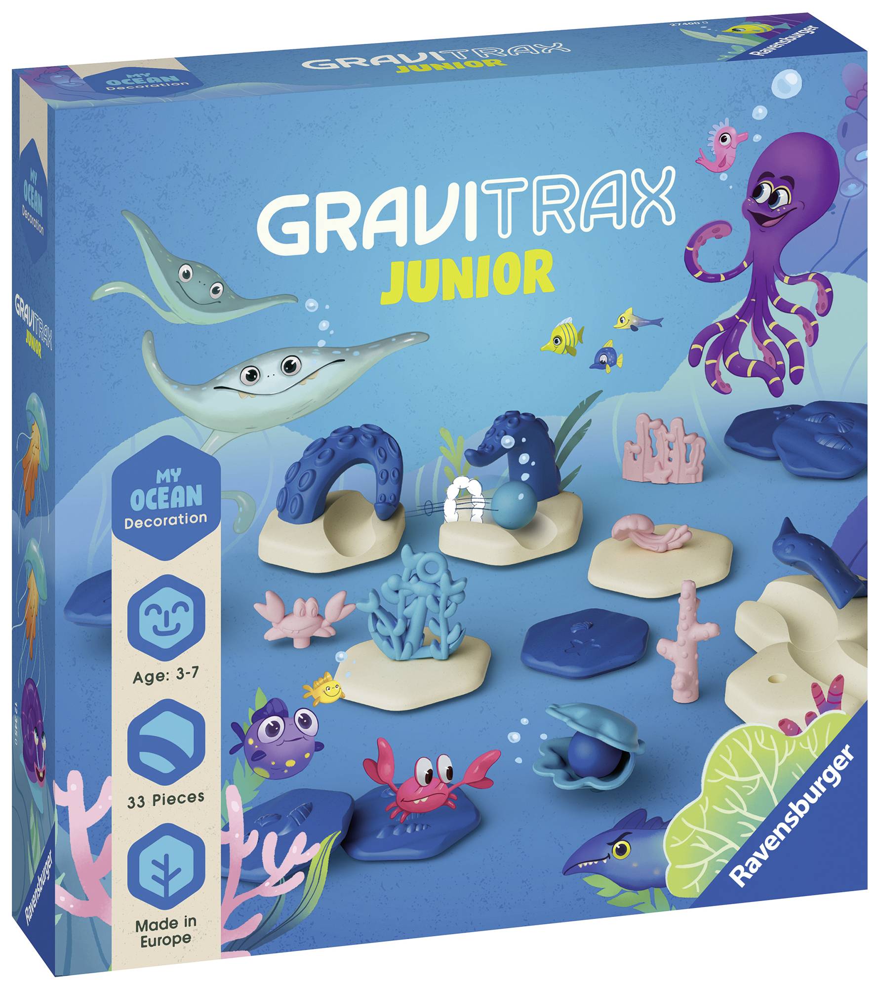 Ravensburger 'Gravitrax Junior' Play Set with Ocean Theme, contains 33 pieces. Suitable for children aged 3-7 years.