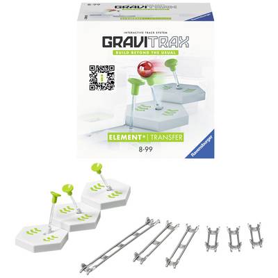 Packaging of the GraviTrax 'Element Transfer' extension with components: three white bases with green elements and metal tracks. Recommended age 8-99 years.